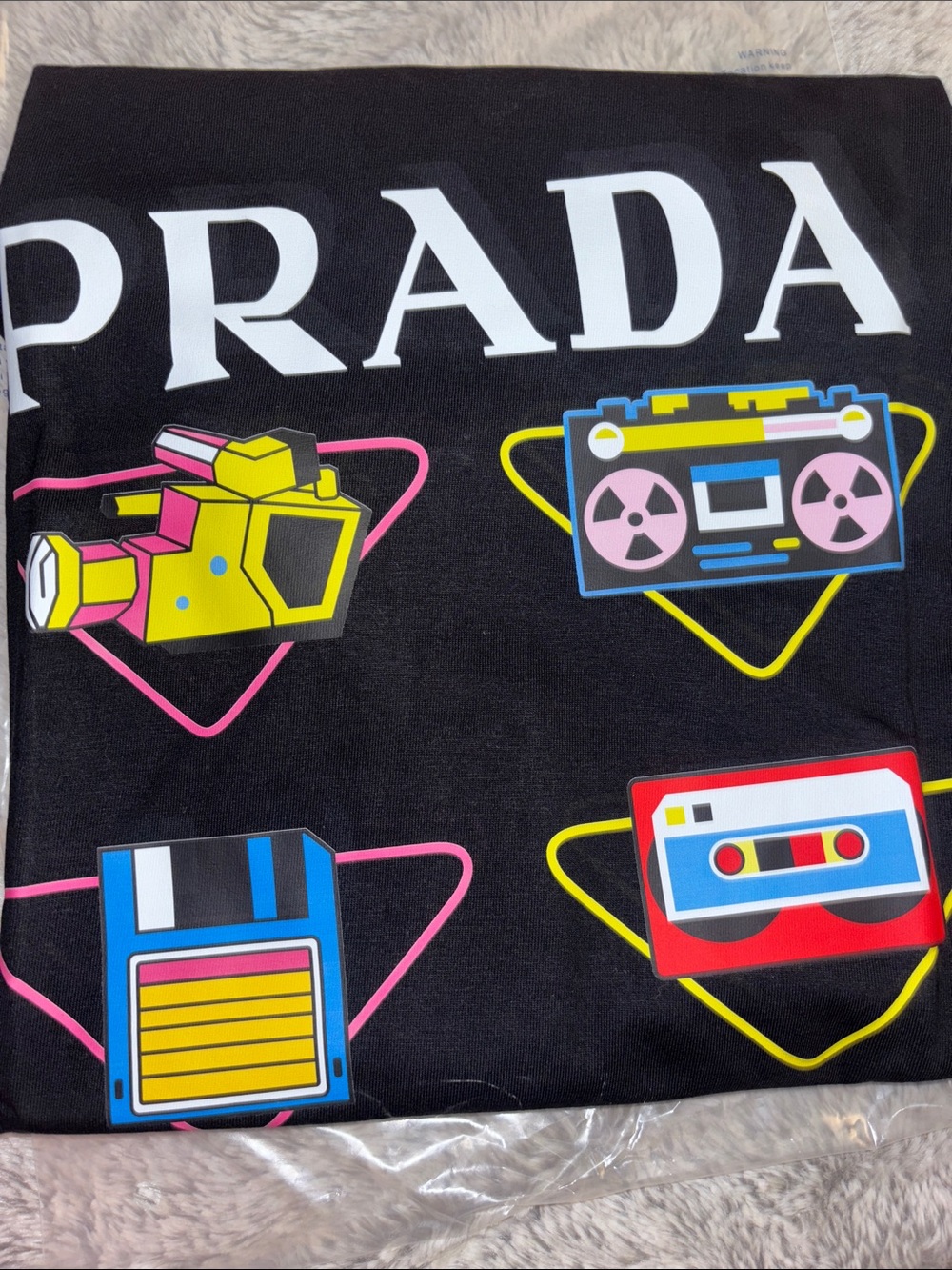 Prada Black Tee with Neon Retro Tech Graphics